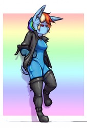 Size: 871x1280 | Tagged: safe, artist:krd, rainbow dash, oc, oc:krd, rabbit, anthro, plantigrade anthro, g4, abstract background, bodysuit, bunnified, bunny ears, bunny tail, candy, clothes, ear piercing, food, jacket, latex, latex suit, leather jacket, lollipop, piercing, rabbit dash, species swap