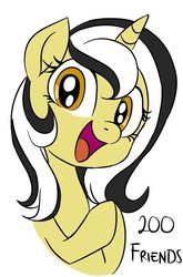 Size: 600x911 | Tagged: safe, artist:emositecc, oc, oc only, oc:color cream, pony, unicorn, clapping, hooves together, looking at you, milestone, simple background, solo, white background