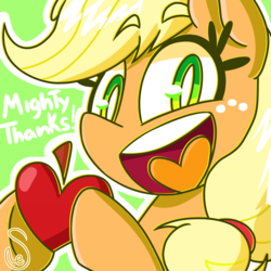 Size: 2000x2000 | Tagged: safe, artist:quarium, applejack, earth pony, pony, g4, apple, dialogue, female, food, freckles, green background, heart, heart tongue, high res, hoof hold, looking at you, mare, open mouth, outline, simple background, solo