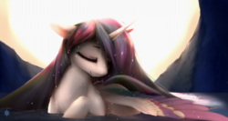 Size: 1686x900 | Tagged: dead source, safe, artist:noctilucent-arts, princess celestia, alicorn, pony, g4, eyes closed, female, mare, raised hoof, solo, wet