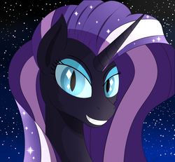 Size: 2700x2500 | Tagged: safe, artist:orangejuicerus, idw, nightmare rarity, pony, g4, evil, female, high res, looking at you, mare, night, smiling, solo, stars