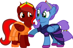 Size: 3223x2157 | Tagged: safe, artist:davidsfire, oc, oc only, oc:liquid harmony, oc:ruby, pegasus, pony, clothes, crown, dress, duo, female, happy, high res, looking at each other, mare, regalia, simple background, transparent background