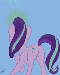 Size: 1024x1280 | Tagged: safe, artist:chrissawyer, starlight glimmer, pony, unicorn, g4, blue background, butt, cute, facing away, female, glimmerbetes, magic, magic aura, mare, plot, rear view, simple background, solo