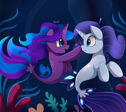 Size: 2681x2370 | Tagged: safe, artist:pridark, rarity, oc, seapony (g4), unicorn, g4, my little pony: the movie, blue eyes, blue mane, blue tail, boop, commission, coral, crepuscular rays, cute, dorsal fin, exclamation point, female, fin, fish tail, flowing mane, flowing tail, gem, glasses, glowing, high res, horn, looking at each other, looking at someone, mare, ocean, open mouth, open smile, scales, seaponified, seapony rarity, seaquestria, seaweed, smiling, species swap, surprised, swimming, tail, underwater, water