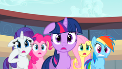 Size: 1920x1080 | Tagged: safe, screencap, fluttershy, pinkie pie, rainbow dash, rarity, twilight sparkle, pony, g4, the last roundup, 1080p, female, floppy ears, frustrated, jaw drop, mare, shocked