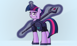 Size: 2600x1560 | Tagged: safe, artist:ashtoneer, twilight sparkle, pony, g4, my little pony: the movie, armor, fallen hero, magic, scar, smiling, staff, staff of sacanas, telekinesis, traitor sparkle, twilight is anakin