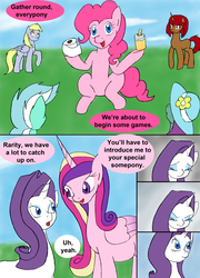 Size: 1000x1391 | Tagged: safe, artist:emilou1985, derpy hooves, lyra heartstrings, pinkie pie, princess cadance, rarity, oc, earth pony, pegasus, pony, unicorn, comic:signs, g4, comic, crying, looking up, pregnant, sitting, tape, toilet paper