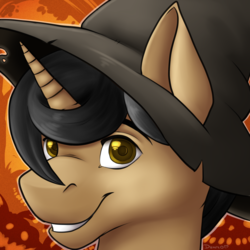 Size: 1500x1500 | Tagged: safe, artist:dunnowhattowrite, oc, oc only, oc:aegis aurora, pony, unicorn, abstract background, halloween, hat, holiday, looking at you, male, smiling, solo, witch hat