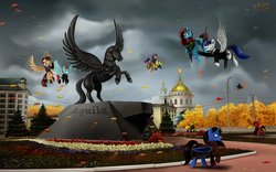 Size: 1024x640 | Tagged: safe, artist:das_leben, oc, oc only, alicorn, horse, pony, alicorn oc, building, clothes, female, flying, male, mare, open mouth, raised hoof, scenery, stallion, statue, town
