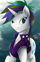 Size: 3300x5100 | Tagged: safe, artist:spiritofthwwolf, rarity, pony, unicorn, g4, it isn't the mane thing about you, alternate hairstyle, clothes, female, grin, mare, punk, raripunk, smiling, solo
