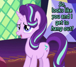 Size: 744x648 | Tagged: safe, edit, edited screencap, screencap, starlight glimmer, pony, unicorn, g4, triple threat, animated, bronybait, caption, cropped, cute, female, gif, glimmerbetes, happy, looking up, pointing, raised hoof, smiling, solo, text, twilight's castle
