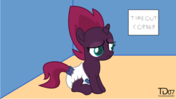 Size: 2564x1446 | Tagged: safe, artist:thunderdasher07, fizzlepop berrytwist, tempest shadow, g4, my little pony: the movie, diaper, female, filly, filly tempest shadow, foal, sad, solo, time out, younger