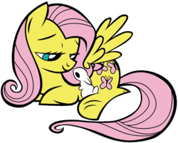 Size: 614x494 | Tagged: safe, artist:lauren faust, artist:princesseninka, fluttershy, pegasus, pony, rabbit, g4, female, looking at something, prone, simple background, smiling, solo, spread wings, transparent background, wings