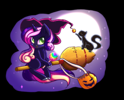 Size: 898x722 | Tagged: safe, artist:miniaru, oc, oc only, cat, pony, unicorn, apple, broom, candy apple, female, flying, flying broomstick, food, full moon, halloween, hat, holiday, mare, moon, pumpkin bucket, stars, witch hat