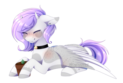 Size: 2802x1896 | Tagged: safe, artist:itsizzybel, oc, oc only, oc:mayumi, pegasus, pony, bell, bell collar, choker, collar, digital art, eyes closed, female, flower pot, horns, mare, plant pot, prone, simple background, solo, transparent background