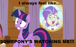 Size: 603x375 | Tagged: safe, edit, edited screencap, screencap, sunny side, twilight sparkle, alicorn, pony, g4, once upon a zeppelin, image macro, meme, rockwell, somebody's watching me, song reference, twilight sparkle (alicorn)