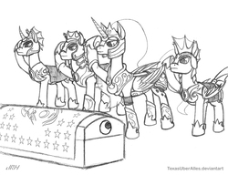 Size: 937x720 | Tagged: safe, artist:texasuberalles, princess luna, alicorn, bat pony, bat pony unicorn, earth pony, hybrid, pony, unicorn, wingless bat pony, g4, armor, coffin, curved horn, female, flag, flag of equestria, funeral, horn, male, mare, night guard, pencil drawing, salute, simple background, sketch, stallion, traditional art, white background