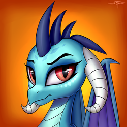 Size: 3000x3000 | Tagged: safe, artist:setharu, princess ember, dragon, g4, bust, curved horn, dragon lord ember, dragoness, female, grumpy, high res, horn, looking away, signature, solo