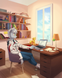 Size: 1000x1253 | Tagged: safe, artist:margony, applejack, oc, anthro, unguligrade anthro, g4, anthro oc, book, bookshelf, chair, clothes, commission, computer, desk, laptop computer, male, pants, room, sitting, smiling, solo, sweater, window