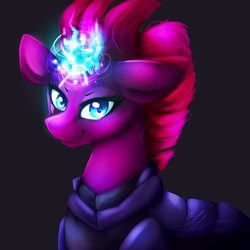 Size: 1774x1774 | Tagged: safe, artist:felicitydraws, tempest shadow, pony, unicorn, g4, my little pony: the movie, black background, broken horn, eye scar, female, horn, magic, scar, simple background, smiling, solo, sparking horn