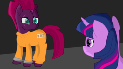 Size: 3840x2160 | Tagged: safe, artist:vogon42, tempest shadow, twilight sparkle, g4, my little pony: the movie, clothes, high res, prison outfit, prisoner