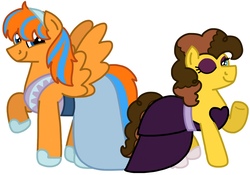 Size: 3749x2628 | Tagged: safe, artist:kindheart525, oc, oc only, oc:chocolate cheesecake, oc:cold front, earth pony, pegasus, pony, kindverse, clothes, crossdressing, dress, hairband, high res, hoof shoes, looking at you, makeup, offspring, one eye closed, parent:cheese sandwich, parent:pinkie pie, parents:cheesepie, smiling, wink