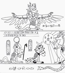 Size: 1651x1843 | Tagged: safe, artist:kuroneko, derpibooru exclusive, discord, princess celestia, princess luna, oc, oc:harmony (kuroneko), alicorn, pony, g4, egyptian, elements of harmony, hieroglyphics, hieroglyphs, monochrome, moon, sun, traditional art, wings