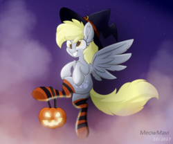 Size: 6000x5000 | Tagged: safe, artist:meowmavi, derpy hooves, pegasus, pony, g4, absurd resolution, clothes, cloud, female, flying, halloween, hat, holiday, jack-o-lantern, mare, pumpkin, sky, socks, solo, stockings, striped socks, thigh highs, witch hat