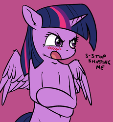 Size: 900x973 | Tagged: safe, artist:replacer808, twilight sparkle, alicorn, semi-anthro, g4, blushing, crossed arms, dialogue, female, flat colors, floppy ears, implied shipping, open mouth, red background, simple background, solo, twilight sparkle (alicorn)