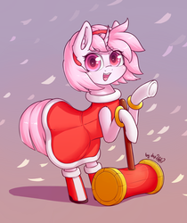 Size: 1408x1680 | Tagged: safe, artist:dsp2003, oc, oc only, oc:sakuragi-san, pony, unicorn, amy rose, blushing, clothes, cosplay, costume, crossover, cute, dress, female, flower petals, gloves, looking at you, mare, ocbetes, solo, sonic the hedgehog (series), weapon
