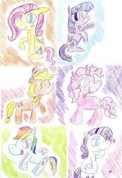 Size: 645x938 | Tagged: safe, artist:ptitemouette, applejack, fluttershy, pinkie pie, rainbow dash, rarity, twilight sparkle, alicorn, pony, g4, mane six, traditional art, twilight sparkle (alicorn)