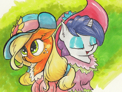 Size: 640x480 | Tagged: safe, artist:kittyhawk-contrail, applejack, rarity, g4, alternate hairstyle, clothes, dress, female, hat, lesbian, ship:rarijack, shipping