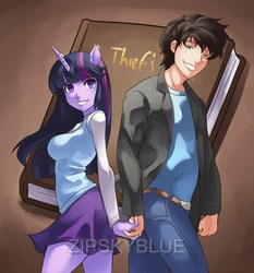 Size: 2700x2900 | Tagged: safe, artist:zipskyblue, twilight sparkle, oc, human, anthro, g4, adorkable, book, canon x oc, clothes, commission, cute, dork, eared humanization, female, high res, holding hands, horn, horned humanization, humanized, looking at you, male, skirt, smiling, straight, watermark