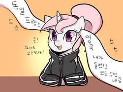 Size: 1024x768 | Tagged: safe, artist:haden-2375, oc, oc only, oc:candy blossom, pony, unicorn, female, korean, mare, smiling, solo, tracksuit
