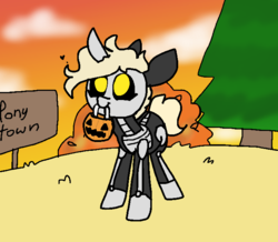 Size: 699x610 | Tagged: safe, alternate version, artist:nootaz, oc, oc only, oc:nootaz, clothes, costume, mouth hold, pumpkin bucket, skeleton costume, solo