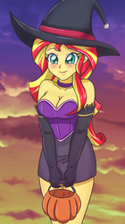 Size: 2287x4093 | Tagged: safe, artist:sumin6301, sunset shimmer, equestria girls, g4, adorasexy, blushing, breasts, busty sunset shimmer, cleavage, clothes, cloud, cloudy, costume, cute, evening gloves, eyeshadow, female, food, gloves, halloween, hat, high res, holiday, long gloves, makeup, pumpkin bucket, sexy, shimmerbetes, sky, smiling, solo, strapless, witch, witch hat
