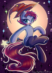 Size: 1700x2404 | Tagged: safe, artist:chaosangeldesu, oc, oc only, earth pony, pony, clothes, commission, female, full moon, halloween, hat, holiday, mare, moon, smiling, solo, stockings, thigh highs, witch hat, ych result