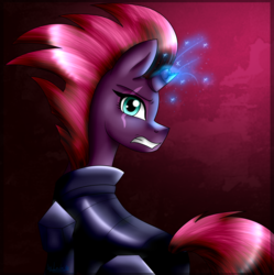 Size: 1585x1591 | Tagged: safe, artist:lada03, tempest shadow, pony, unicorn, g4, my little pony: the movie, armor, broken horn, eye scar, female, horn, looking at you, looking back, mare, scar, solo, sparking horn