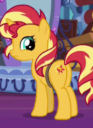 Size: 580x800 | Tagged: safe, screencap, sunset shimmer, pony, unicorn, equestria girls, equestria girls specials, g4, my little pony equestria girls: mirror magic, animated, cropped, cute, female, gif, mare, portal, raised hoof, saddle bag, shimmerbetes, smiling, solo, turning, twilight's castle, twilight's castle library