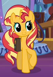 Size: 550x800 | Tagged: safe, screencap, sunset shimmer, pony, unicorn, equestria girls, equestria girls specials, g4, my little pony equestria girls: mirror magic, cropped, cute, female, mare, portal, raised hoof, saddle bag, shadow, shimmerbetes, smiling, solo, twilight's castle, twilight's castle library