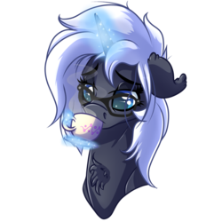 Size: 1024x1024 | Tagged: safe, artist:witchtaunter, oc, oc only, oc:yaasho, pony, unicorn, bust, chest fluff, cup, female, glasses, glowing horn, horn, magic, mare, portrait, simple background, solo, telekinesis, tired, transparent background