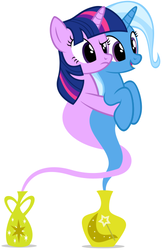 Size: 352x542 | Tagged: safe, artist:navitaserussirus, trixie, twilight sparkle, genie, asktwixiegenies, g4, cropped, female, geniefied, lesbian, ship:twixie, shipping, simple background, species swap, white background