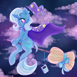 Size: 5000x5000 | Tagged: safe, artist:bunxl, trixie, pony, unicorn, g4, absurd resolution, bow, broom, cape, chest fluff, clothes, cloud, colored hooves, cute, diatrixes, ear fluff, female, flying, flying broomstick, hat, kiki's delivery service, leg fluff, mare, night, solo, starry eyes, trixie's cape, trixie's hat, wingding eyes, witch