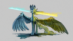 Size: 1919x1080 | Tagged: safe, artist:plainoasis, trixie, alicorn, pony, g4, alicornified, blindfold, broken horn, double lightsaber, female, horn, lightsaber, mare, race swap, simple background, solo, star wars, trixiecorn, weapon