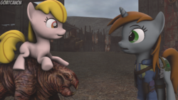 Size: 3840x2160 | Tagged: safe, artist:goatcanon, oc, oc:littlepip, oc:puppysmiles, earth pony, naked mole rat, pony, unicorn, fallout equestria, fallout equestria: pink eyes, 3d, clothes, crossover, fallout, fanfic, fanfic art, female, filly, foal, high res, horn, jumpsuit, mare, riding, source filmmaker, vault suit, wasteland