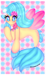 Size: 3061x5000 | Tagged: safe, artist:bunxl, princess skystar, seapony (g4), g4, my little pony: the movie, blue eyes, blue mane, blushing, cute, digital art, dorsal fin, eyelashes, female, fin, fin wings, fins, fish tail, floppy ears, flower, flower in hair, flowing mane, flowing tail, high res, jewelry, looking at you, necklace, pearl necklace, seashell, seashell necklace, signature, smiling, smiling at you, solo, tail, wingding eyes, wings