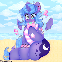 Size: 4000x4000 | Tagged: safe, artist:bunxl, princess luna, alicorn, anthro, g4, arm hooves, beach, blue sky, clothes, cloud, cute, ear piercing, earring, female, heart, heart eyes, jewelry, lunabetes, mare, one-piece swimsuit, piercing, sand, smiling, solo, starry eyes, swimsuit, wingding eyes
