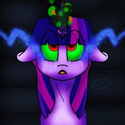 Size: 768x768 | Tagged: safe, artist:fireworkarsonist, twilight sparkle, pony, unicorn, g4, corrupted, corrupted twilight sparkle, crying, dark magic, female, floppy ears, magic, mare, solo, sombra eyes, unicorn twilight