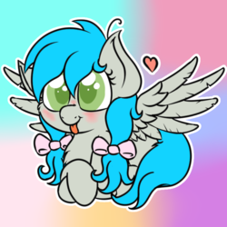 Size: 1500x1500 | Tagged: safe, artist:laptopbrony, oc, oc only, oc:darcy sinclair, pegasus, pony, :p, :t, blushing, chest fluff, colored pupils, crossed hooves, cute, female, gradient background, heart, looking at you, mare, prone, smiling, solo, spread wings, tongue out, wings