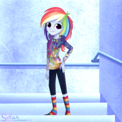 Size: 1500x1500 | Tagged: safe, artist:songbirdserenade, rainbow dash, equestria girls, g4, clothes, female, hand on hip, hoodie, pants, rainbow socks, socks, solo, striped socks, sweater